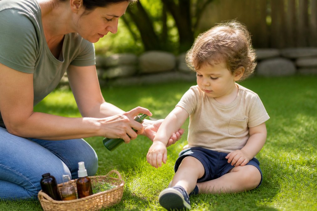 Parent carefully applying natural bug spray to toddler's exposed arms and legs during outdoor playtime in a sunny grassy yard, with protective hand positioning