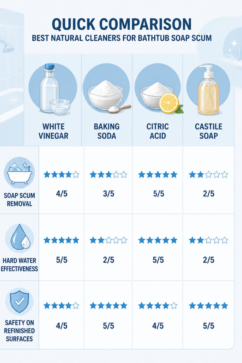Comparison matrix of white vinegar, baking soda, citric acid, and castile soap rated on soap scum removal, hard water effectiveness, and safety on refinished surfaces