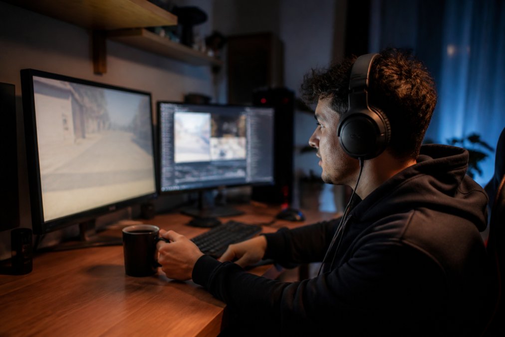 A young streamer at a desk with dual monitors, headset on, late at night, reaching for a coffee mug with a soft glow from the screen
