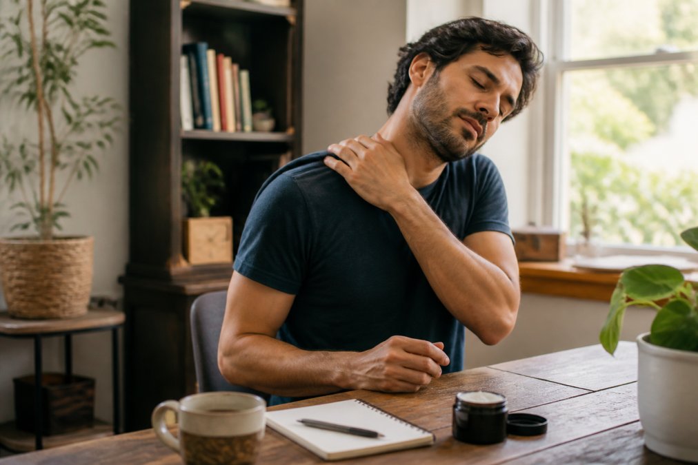 Person sitting at a wooden desk gently massaging cream into their neck and shoulder with eyes closed, soft warm indoor lighting suggesting a calm home office setting