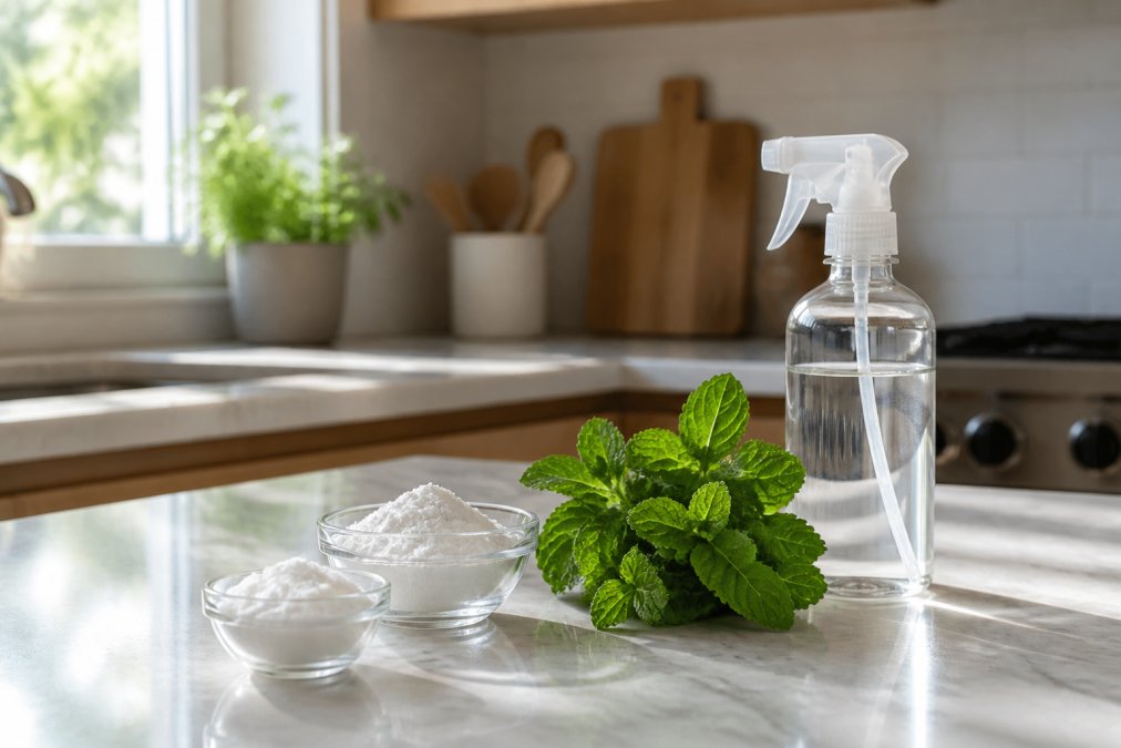 A clean kitchen counter displaying small glass bowls of white diatomaceous earth powder, fresh peppermint sprigs, and a spray bottle filled with clear vinegar solution, bright natural window light