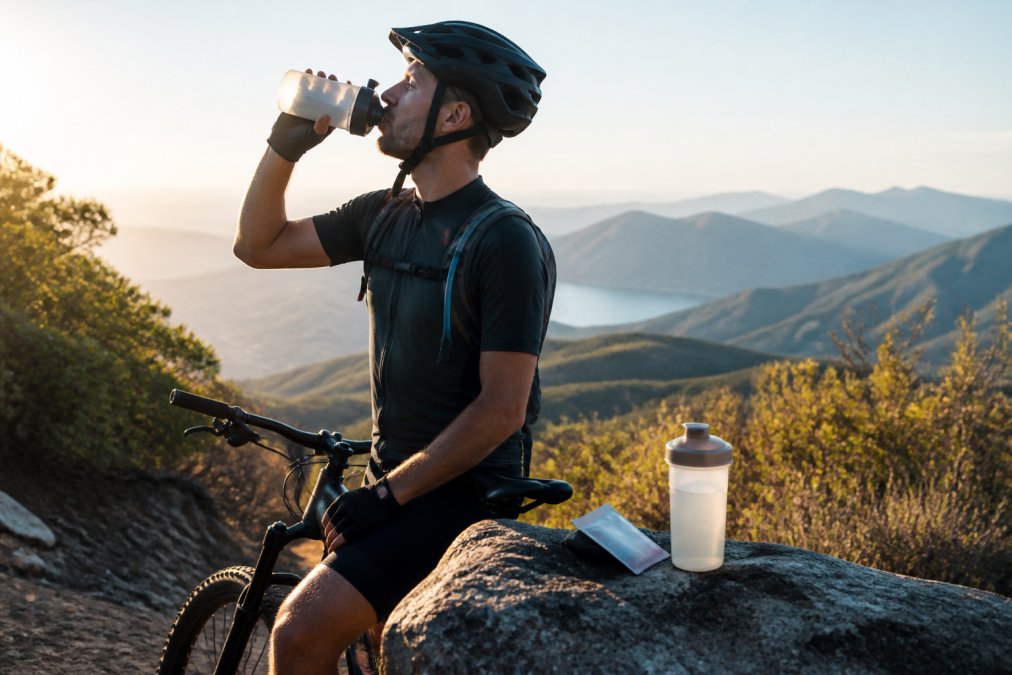 Cyclist taking a break on a mountain trail to consume natural energy drinks from a shaker bottle.