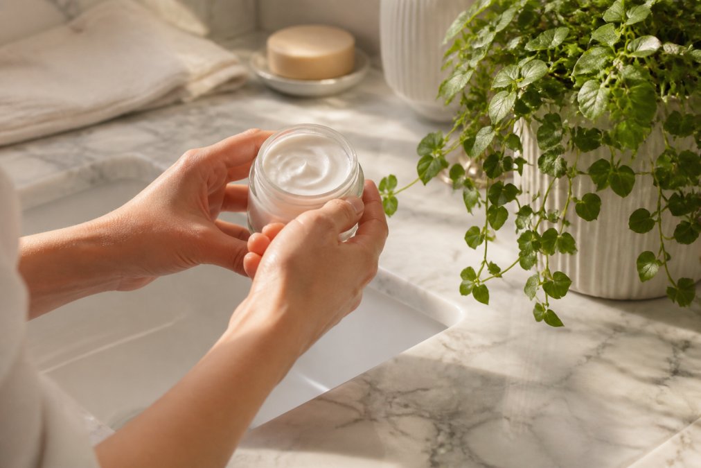 Close-up of a woman's hands holding an open jar of white face cream beside a small green plant on a marble bathroom counter, soft morning light