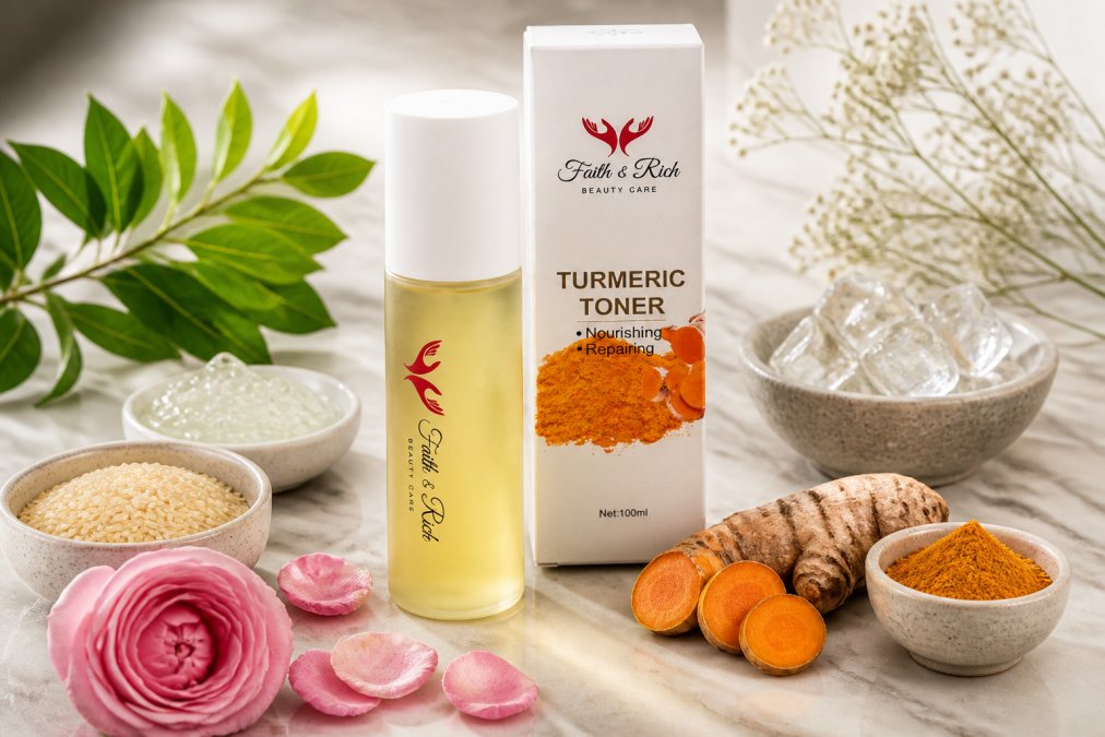Close-up of natural botanical ingredients arranged on a marble surface, fresh rose petals, witch hazel leaves, turmeric root, hyaluronic acid crystals, and fermented rice bran with soft diffused lighting