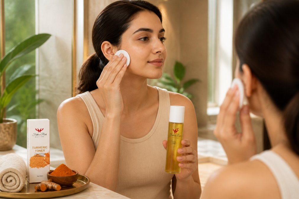 Woman gently applying natural toner to her face using a soft cotton pad in a bright, naturally-lit bathroom, demonstrating proper upward application technique and careful skin handling