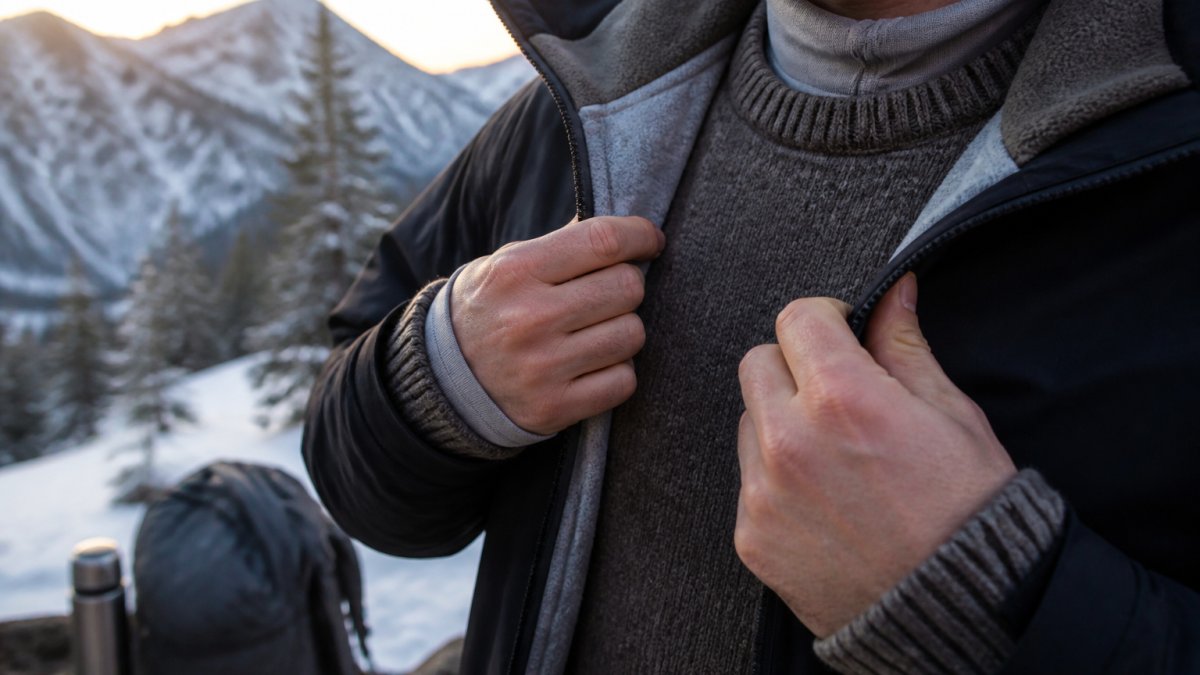Outdoor enthusiast wearing a fitted alpaca base layer under a wool sweater and insulated jacket, standing in a snowy mountain landscape with proper layering visible at the collar and cuffs