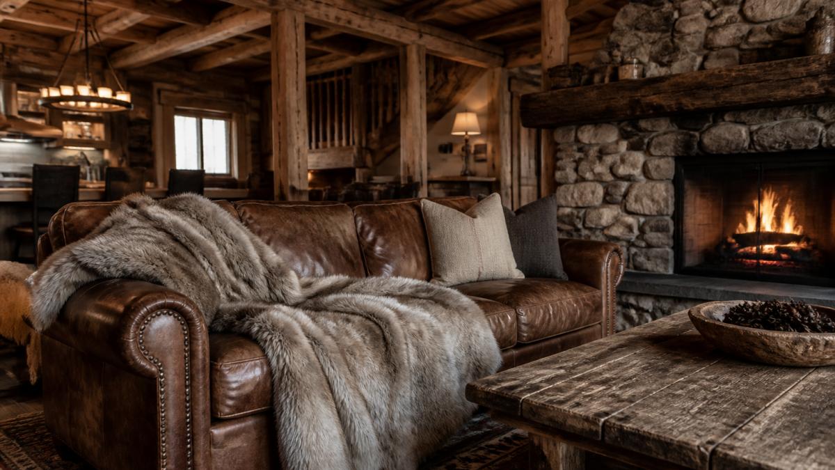 A cozy ranch-style living room with a natural fur throw draped over a worn leather sofa, warm firelight from a stone fireplace, exposed wood beams overhead, and neutral-toned pillows nearby