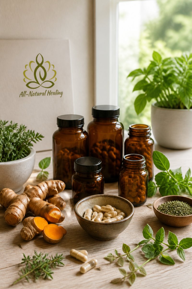 Infographic chart comparing top products found at a natural health store alongside fresh herbs and supplements.