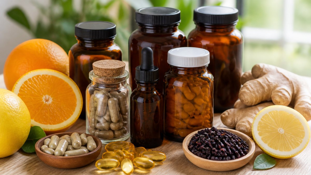 Close-up of various supplement bottles and capsules in amber and glass containers arranged on a light wooden surface, surrounded by fresh citrus fruits, ginger root, and dried elderberries in natural daylight