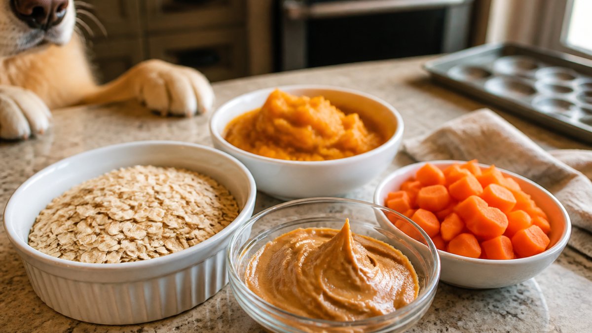 A close-up of a kitchen counter with bowls of rolled oats, orange pumpkin puree, peanut butter, and chopped carrots, with a dog's nose and paws visible at the edge of the frame, warm afternoon light