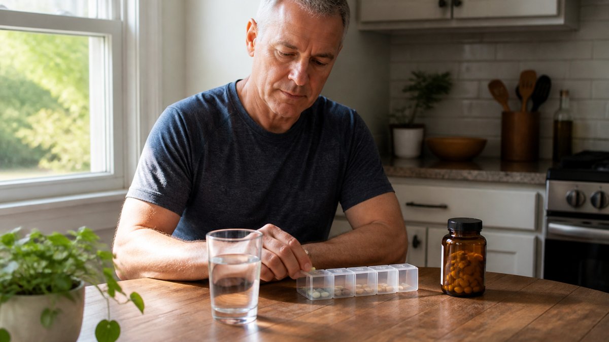 A person in their 50s sitting at a kitchen table with a weekly pill organizer, a glass of water, and a bottle of turmeric supplement, morning light through window, calm and organized scene