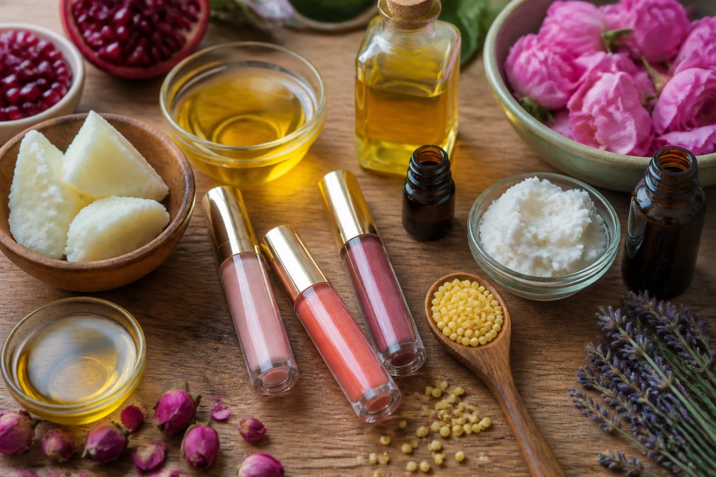 Flat lay of natural lip gloss products with botanical extracts, cold-pressed oils, and ingredient bottles arranged on a wooden surface with natural lighting, showing texture and shine