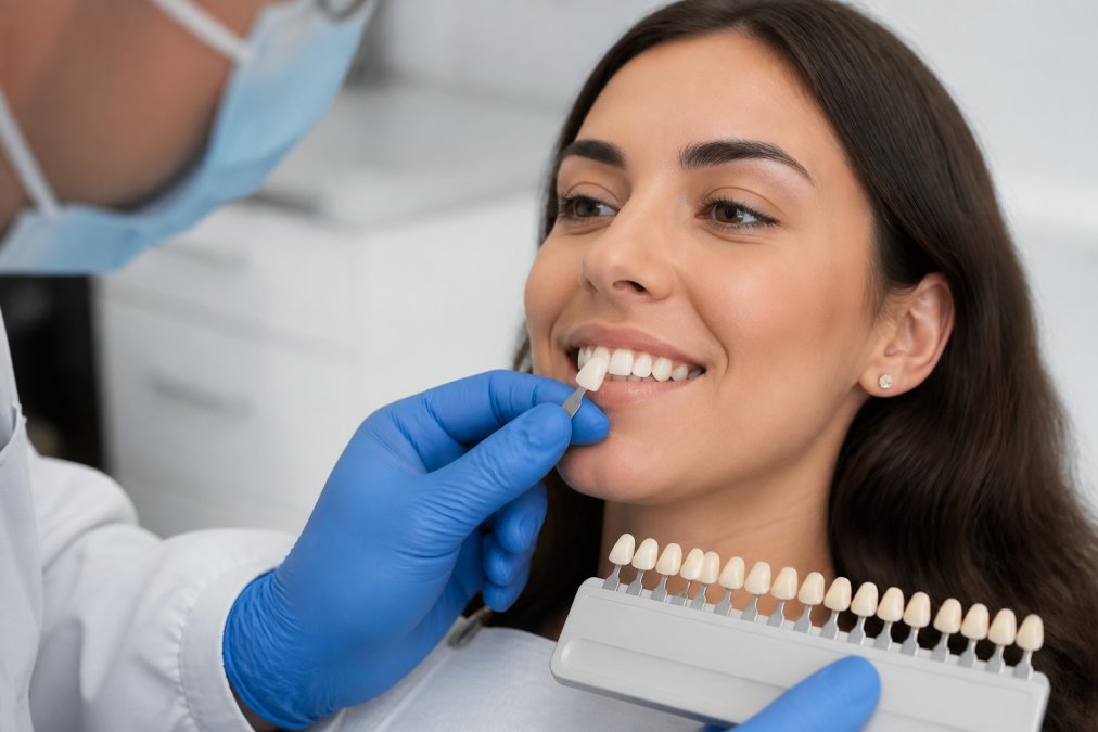 A dentist's gloved hands holding a porcelain veneer up to a patient's front teeth in a bright, modern dental clinic, with a shade guide nearby