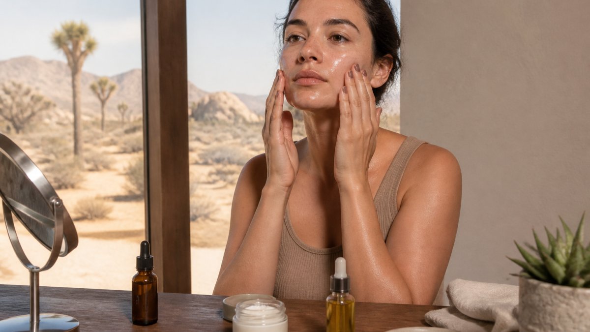 Hands applying a sequence of serum, cream, and oil to facial skin in bright desert sunlight.
