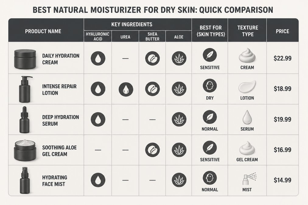 Feature comparison matrix showing Regnal Radiance products with columns for Product Name, Key Ingredients (Hyaluronic Acid, Urea, Shea Butter, Aloe), Best For (Sensitive/Normal/Dry skin types), Texture Type (cream/lotion/serum/mist), and Price ($14.99-$22.99)