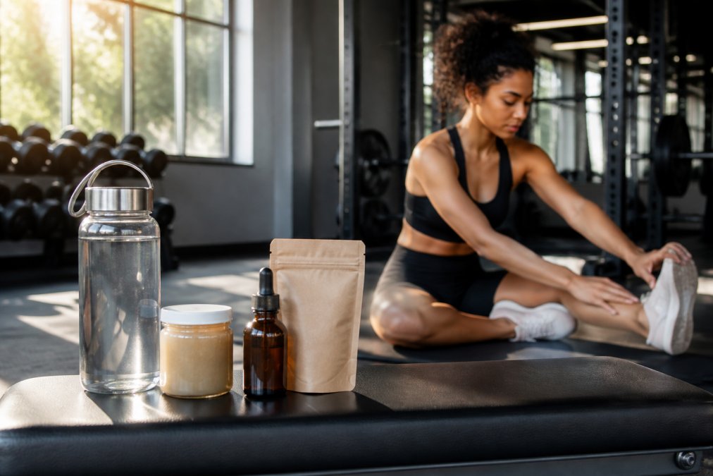 Athlete stretching and recovering after an intense workout, with water bottle and recovery supplements nearby on a gym bench, natural sunlight streaming through gym windows