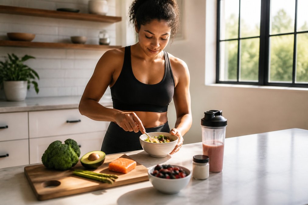 Active adult preparing a post-workout meal with protein sources, vegetables, and a recovery drink in a bright kitchen with natural sunlight
