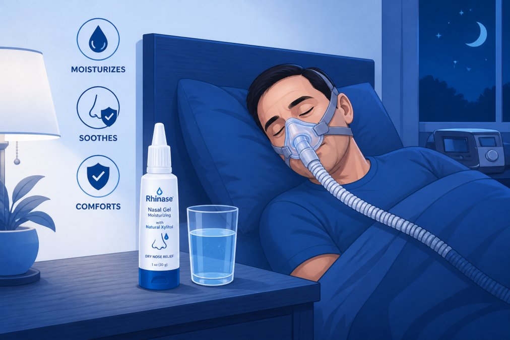 Person wearing CPAP mask while sleeping in bed at night, with a bottle of nasal moisturizing gel clearly visible on the wooden bedside table next to a glass of water, showing realistic home bedroom lighting