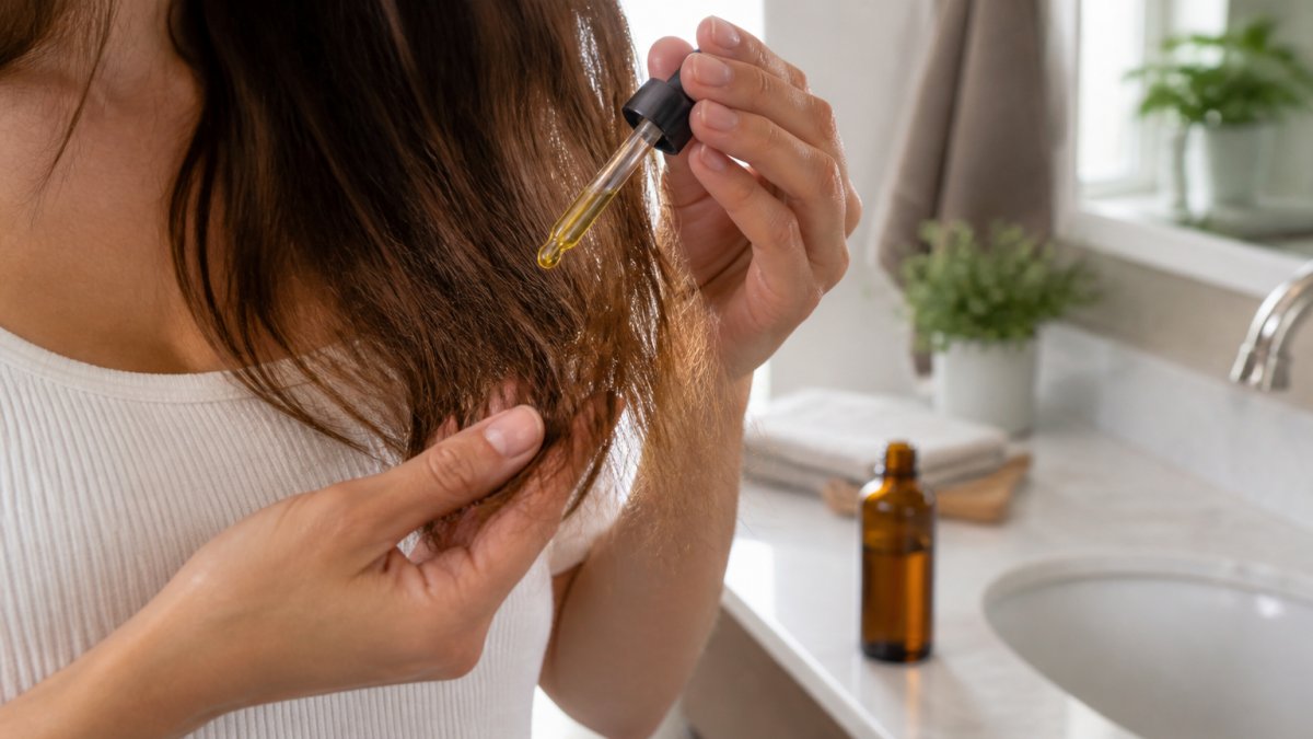 Close-up of a woman's hands applying a few drops of golden oil to the dry, split ends of her long brown hair in a bright bathroom, small amber glass bottle on the counter
