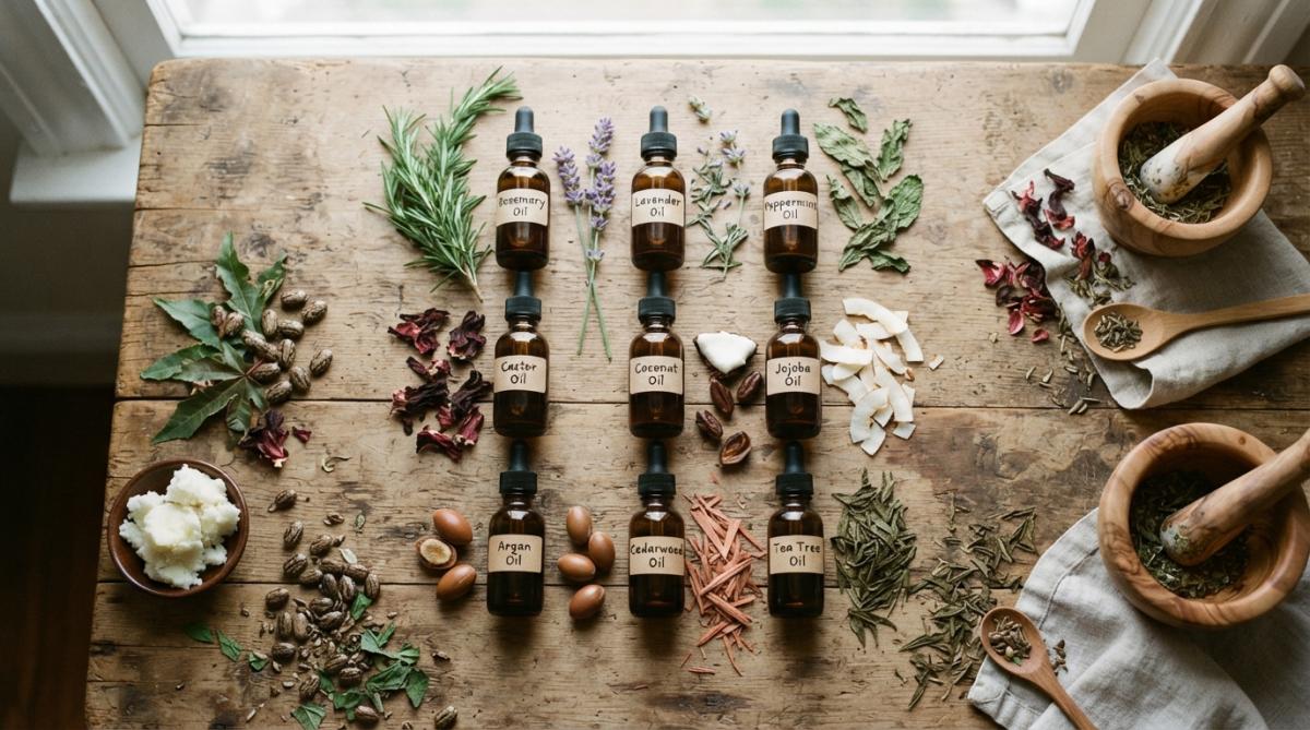 Overhead flat-lay of nine small glass bottles containing different natural oils (rosemary, peppermint, jojoba, castor, lavender, argan, coconut, pumpkin seed, and a branded hair growth oil) arranged in a circle on a light wooden surface with fresh herbs and botanicals scattered around