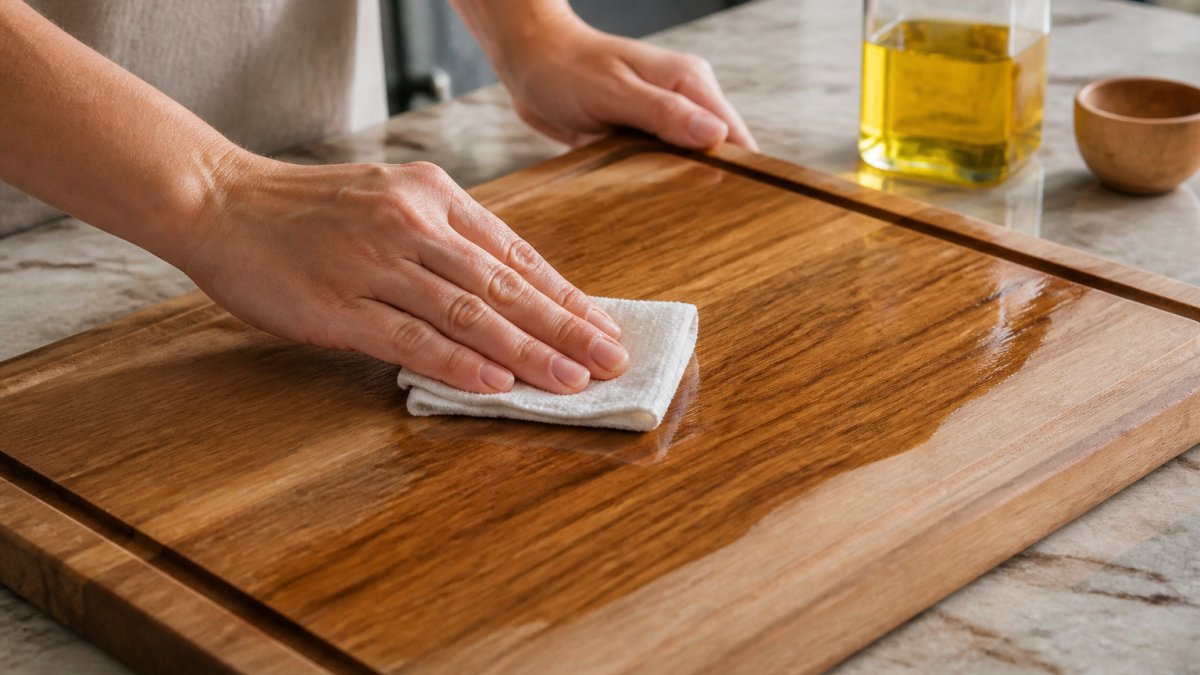 Applying conditioner to a wooden cutting board with a cloth. Choose a product suitable for the board’s finish and follow its application instructions.