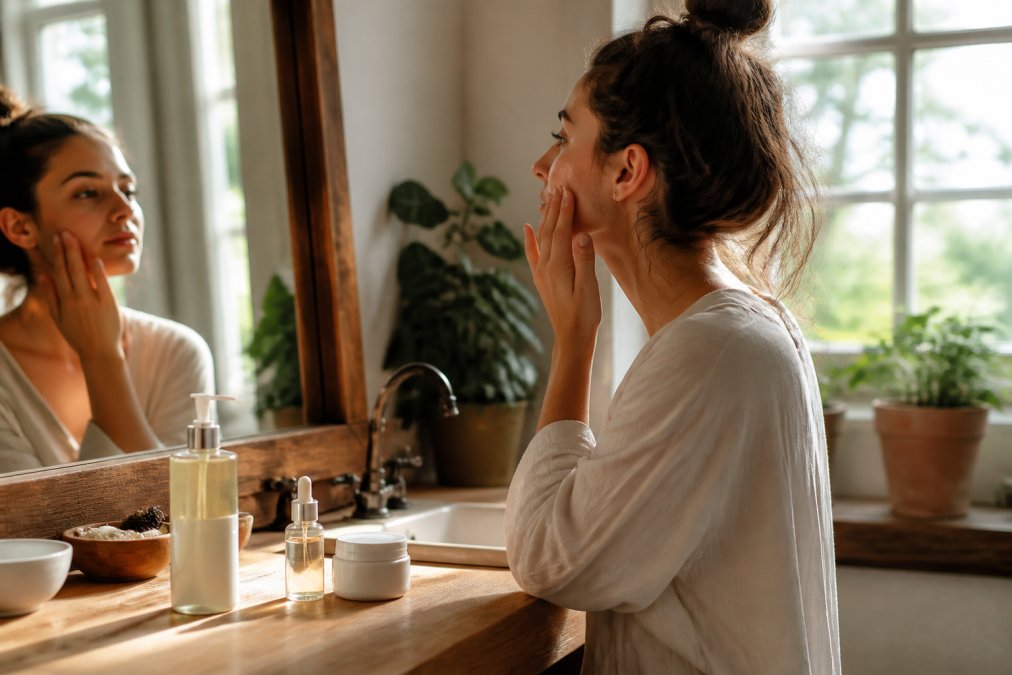 Natural skincare products like a cleanser, serum, and moisturizer arranged on a bright bathroom counter.