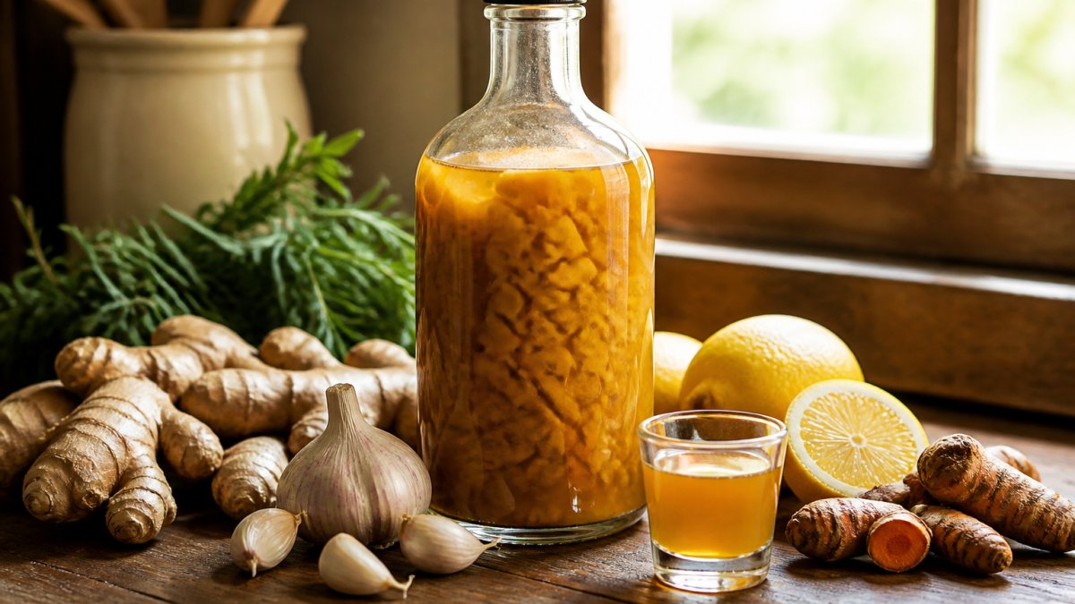 A glass bottle of homemade fire cider on a rustic wooden kitchen counter surrounded by fresh ginger root, garlic cloves, turmeric, lemon slices, and a small glass shot poured beside it, warm natural light from a nearby window
