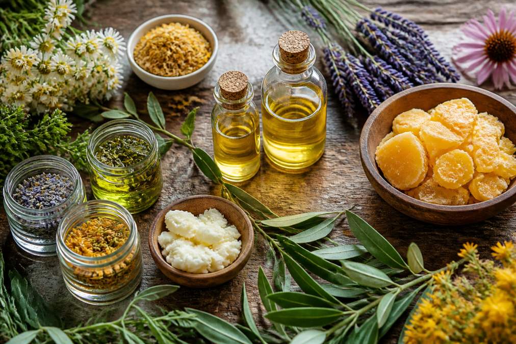 Flat lay of natural skincare ingredients including botanical extracts, cold-pressed oils, fresh botanicals, and beeswax arranged on a wooden surface with soft natural lighting