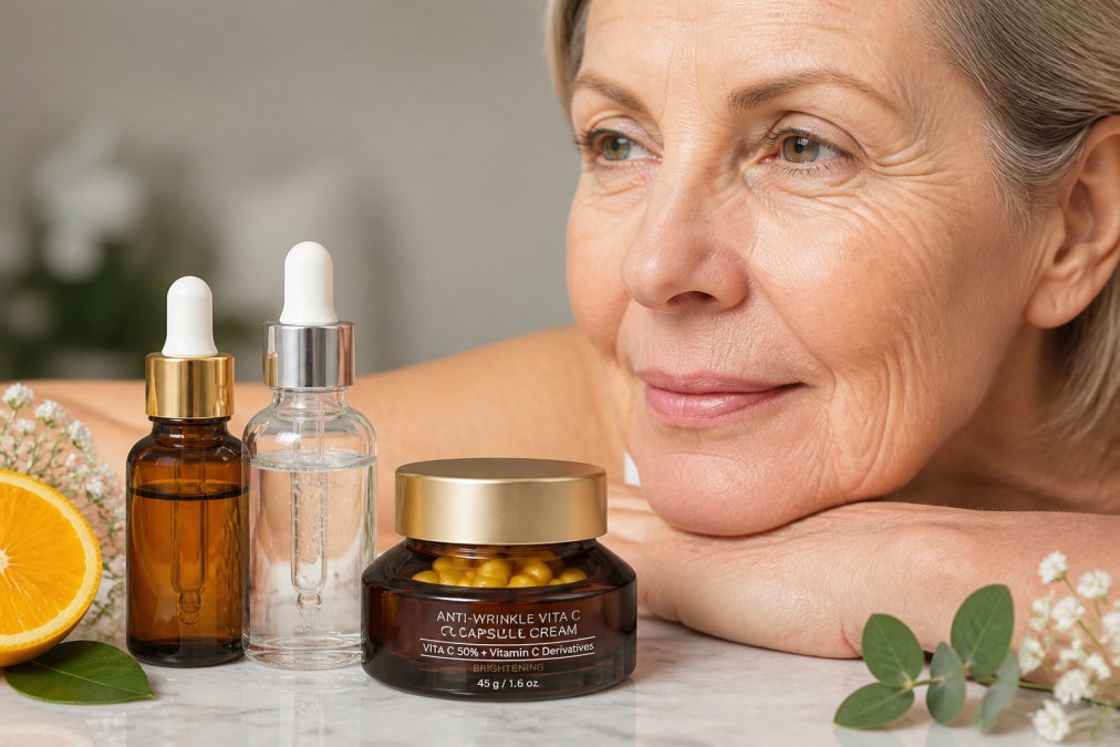 Close-up of mature woman's face showing fine lines and wrinkles, with natural skincare products and organic ingredients like vitamin C serum, hyaluronic acid bottle, and plant extracts arranged on marble surface nearby in soft natural lighting