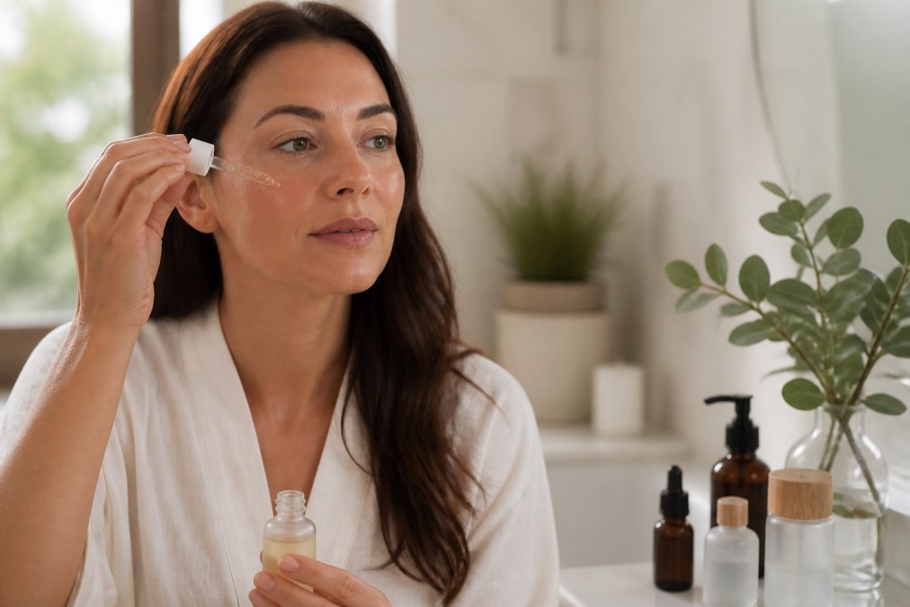 A woman in her 30s with a calm, radiant complexion applying a few drops of facial serum in a bright bathroom with natural light and minimal, plant-based skincare bottles on the counter