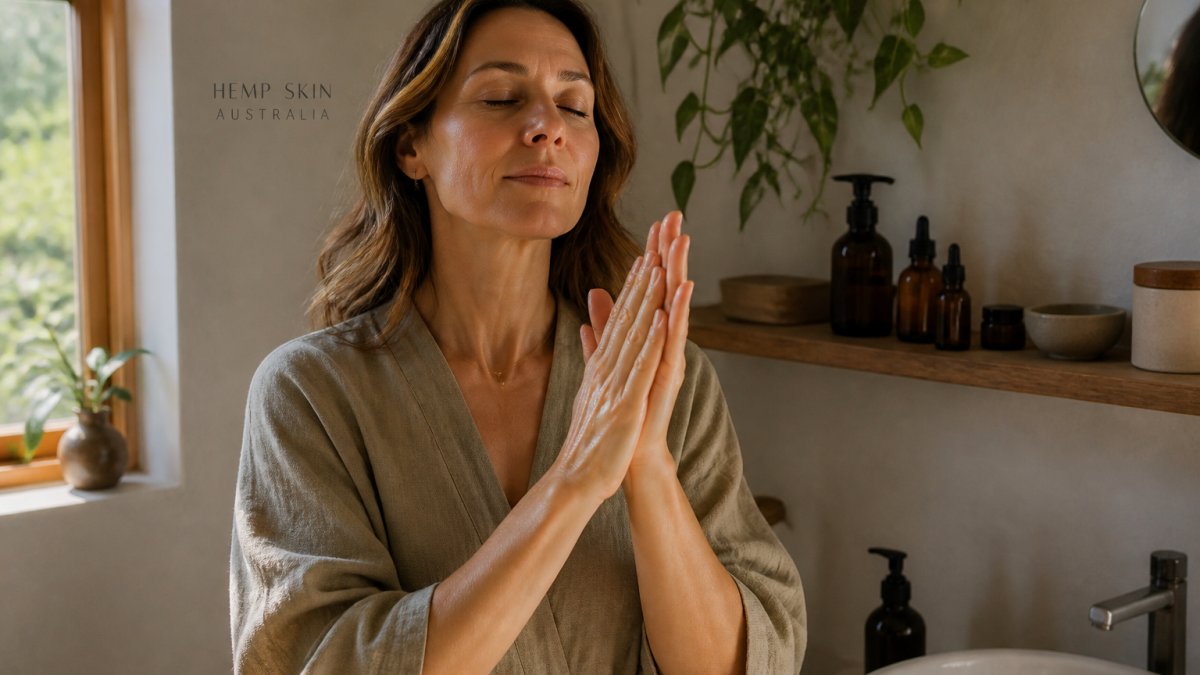 Woman in her forties applying golden face oil in a sunlit bathroom with amber glass bottles on a timber shelf.