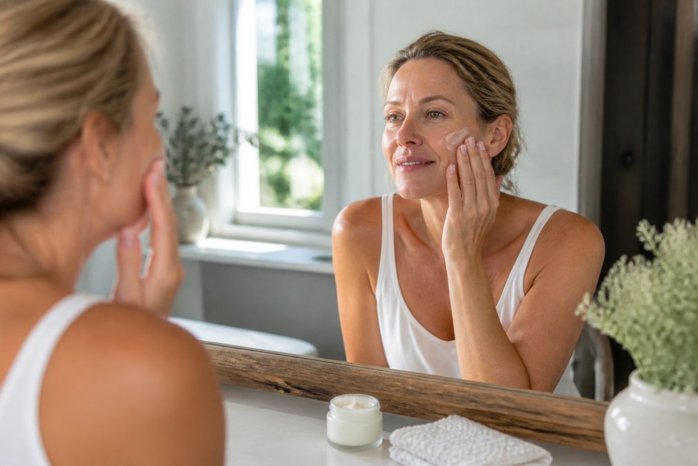 Woman in her forties applying rich natural skincare cream at a bathroom vanity in soft morning light.