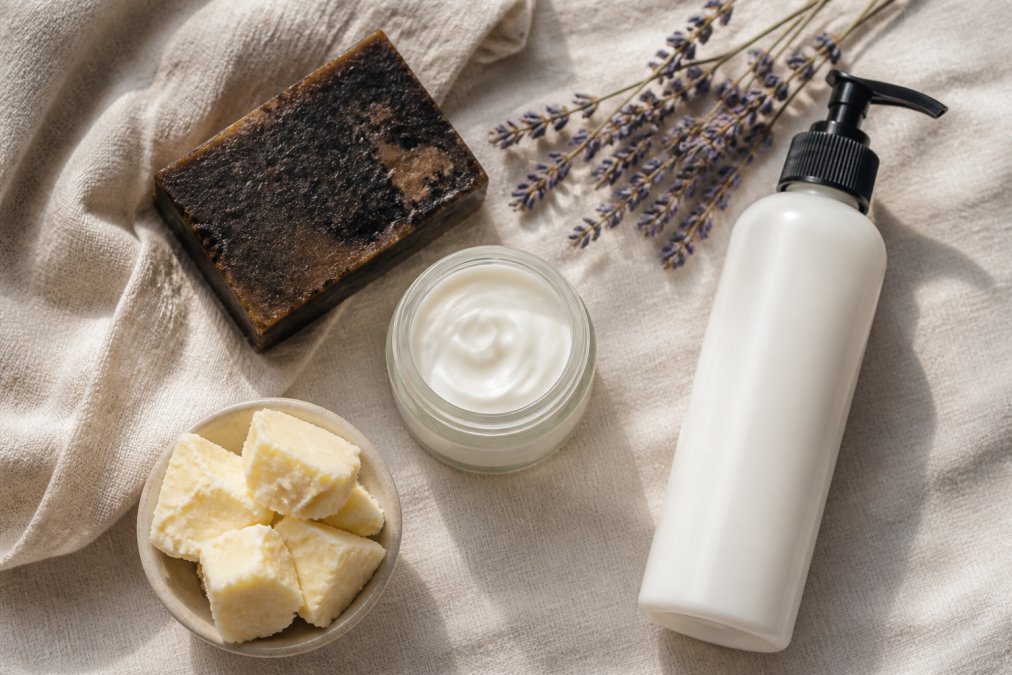 Flat lay of natural skincare products arranged on a light linen surface: a dark bar of African black soap, a small cream jar, a lotion bottle, dried lavender sprigs, and chunks of raw shea butter photographed in soft natural window light