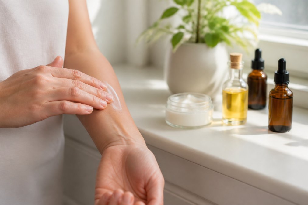Close-up of a person's hands gently applying cream to the inside of their forearm, with small glass product bottles and a dropper of amber essential oil arranged on a white bathroom shelf in soft morning light behind them