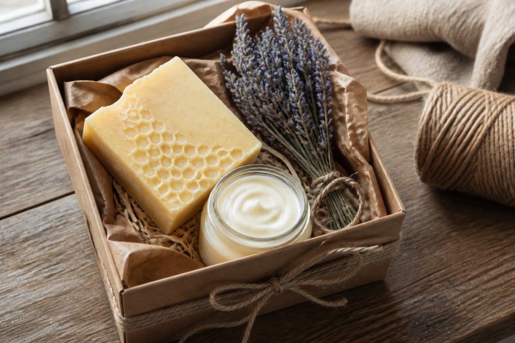 A beautifully arranged natural skincare gift set on a rustic wooden table, featuring a beeswax soap bar, a small jar of lotion, and a sprig of dried lavender, wrapped with twine and kraft paper, soft natural window light