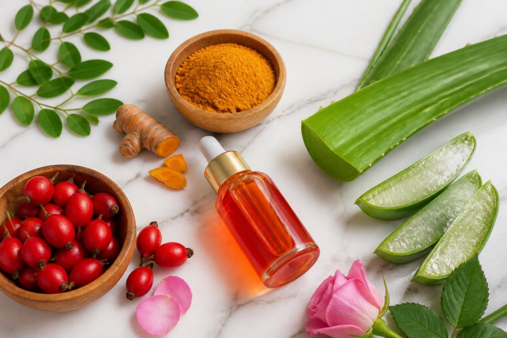 Flat lay of natural skincare ingredients, a rose hip oil dropper, sliced aloe vera leaf, turmeric powder, and green botanical leaves arranged neatly on a clean white marble surface in soft natural light
