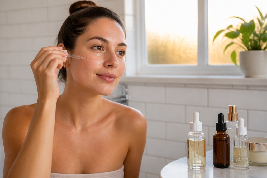 A woman in her early 30s applying a clear serum to her cheek in a bright, minimal bathroom with white tile walls, several small glass skincare bottles arranged neatly on the counter beside her, warm morning light coming through a frosted window