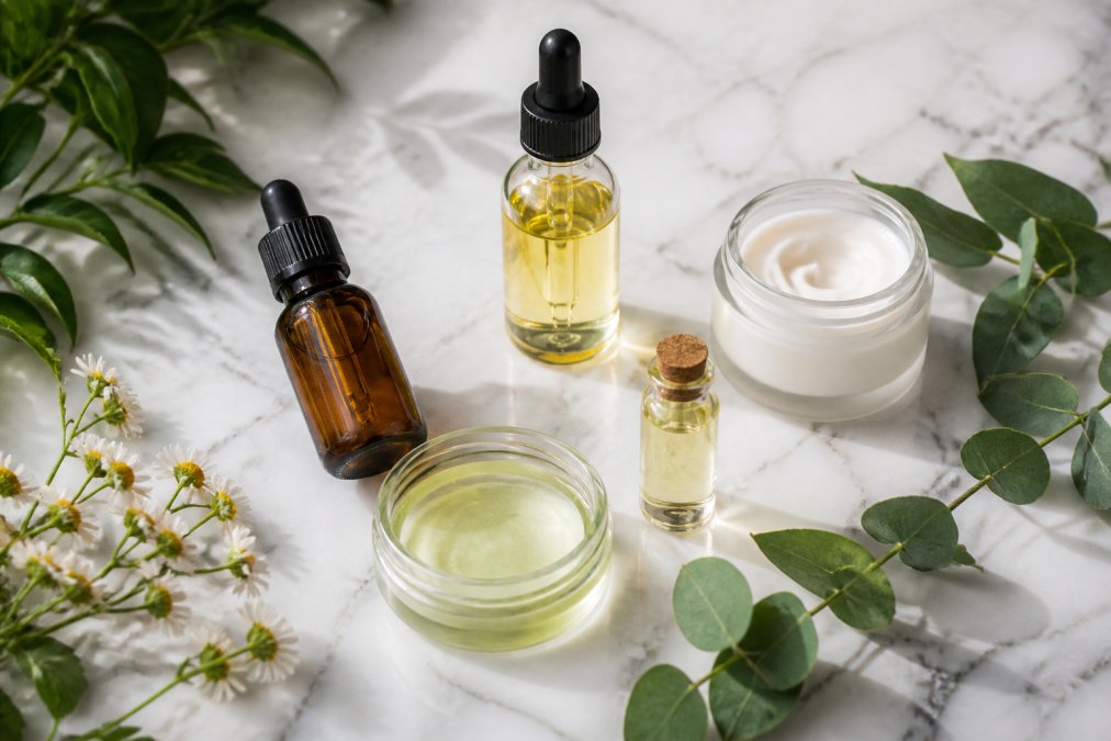 Flat lay of several clean beauty skincare products arranged on a white marble surface, including glass dropper bottles, a cream jar, and a small serum vial, surrounded by fresh green botanical leaves and a sprig of chamomile under soft natural light