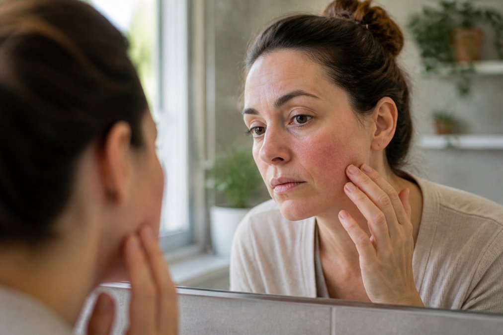 Close-up of a woman in her thirties examining red, irritated patches on her cheek in a bathroom mirror, soft natural window light, calm neutral tones