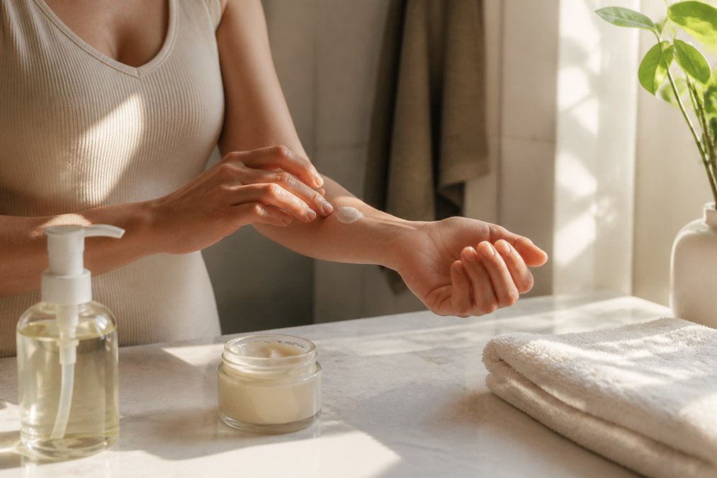 Person performing a patch test with natural skincare for sensitive skin on their forearm in a sunny bathroom