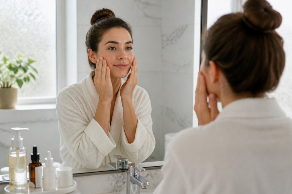 A woman with calm, clear skin gently pressing moisturizer into her cheeks in front of a well-lit bathroom mirror, with a small arrangement of minimal skincare products on the white marble counter beside her, soft morning light coming through a frosted window