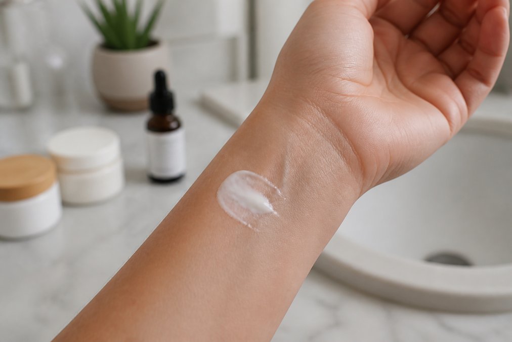 Close-up of a woman's inner wrist with a small amount of white cream applied to a coin-sized area, soft natural light, blurred background showing a bathroom counter with minimal skincare products