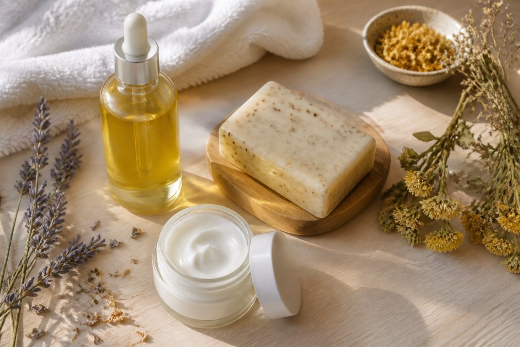 A flat lay of natural skincare products on a light wooden table, including a glass bottle of body oil, a handmade soap bar, and a small jar of cream, with dried botanicals and a soft towel nearby in natural light