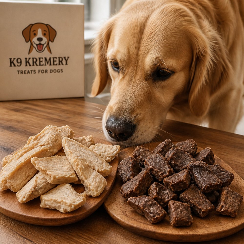 Close-up of freeze-dried chicken breast and lamb liver treats arranged on a wooden surface with a happy dog sniffing the treats in natural daylight