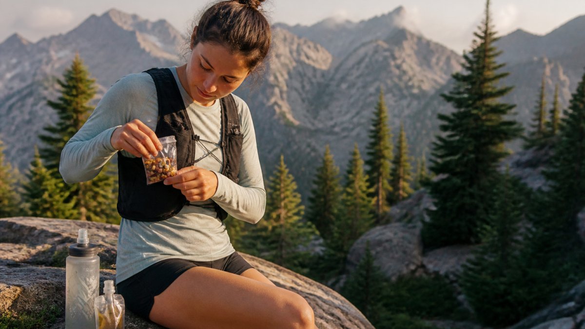 A runner sitting on a trailside rock, pulling a small bag of dried fruit from a running vest pocket, with a water bottle and energy gel flask beside them in soft morning light