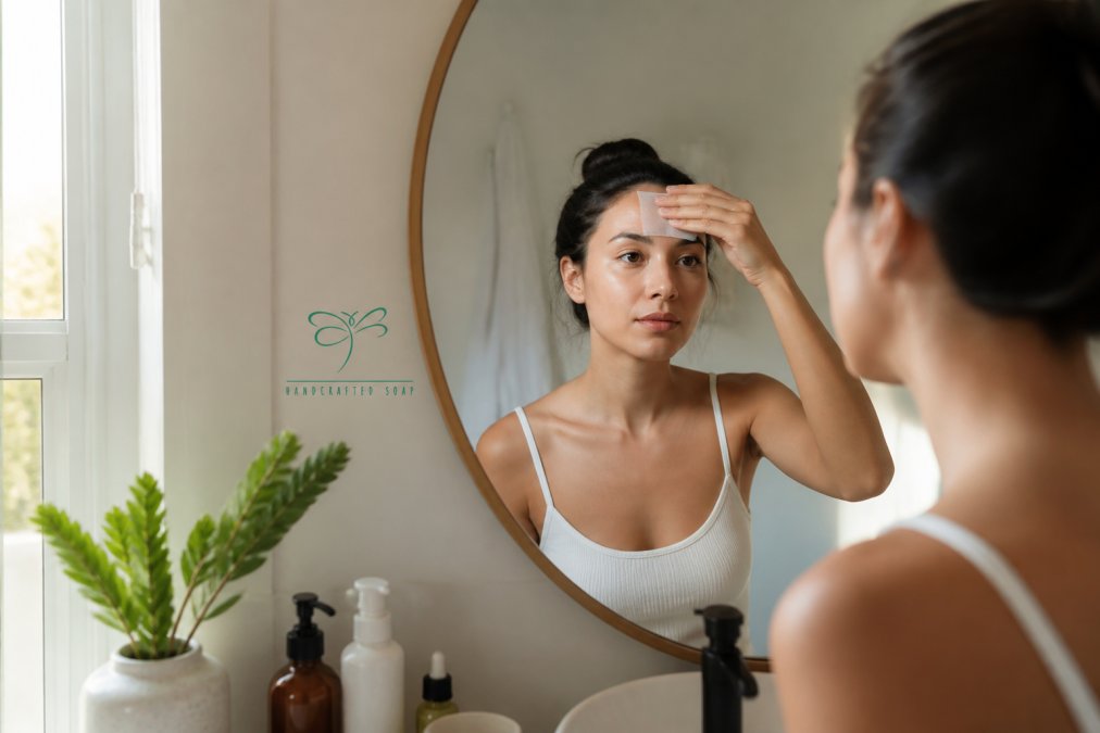 Person testing their skin with blotting paper near natural soap bottles on a bright bathroom vanity
