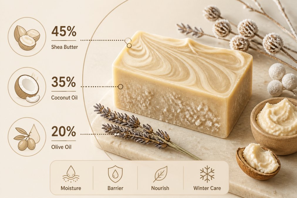 Close-up of natural soap bar with visible shea butter swirls and coconut oil texture on a marble surface, surrounded by dried lavender sprigs and frost-covered botanicals in soft winter morning light