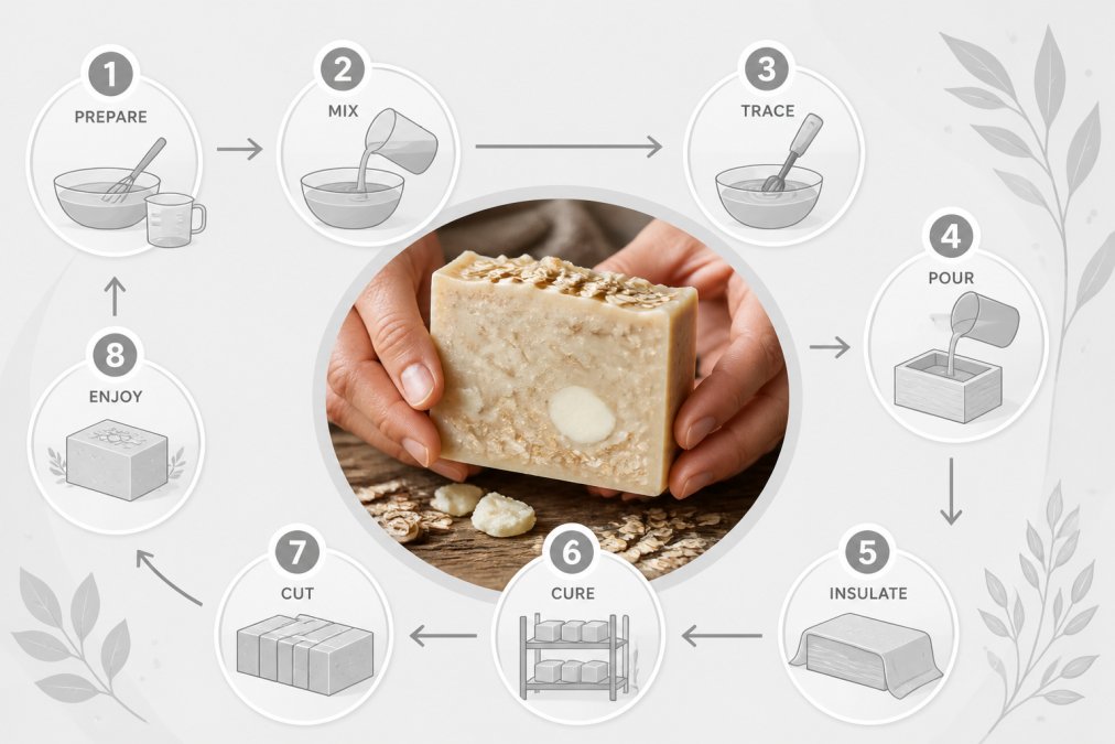 Close-up of hands holding a freshly cut, artisanal bar of cold-process soap with visible oatmeal and shea butter chunks, resting on a rustic wooden surface with soft, warm natural lighting