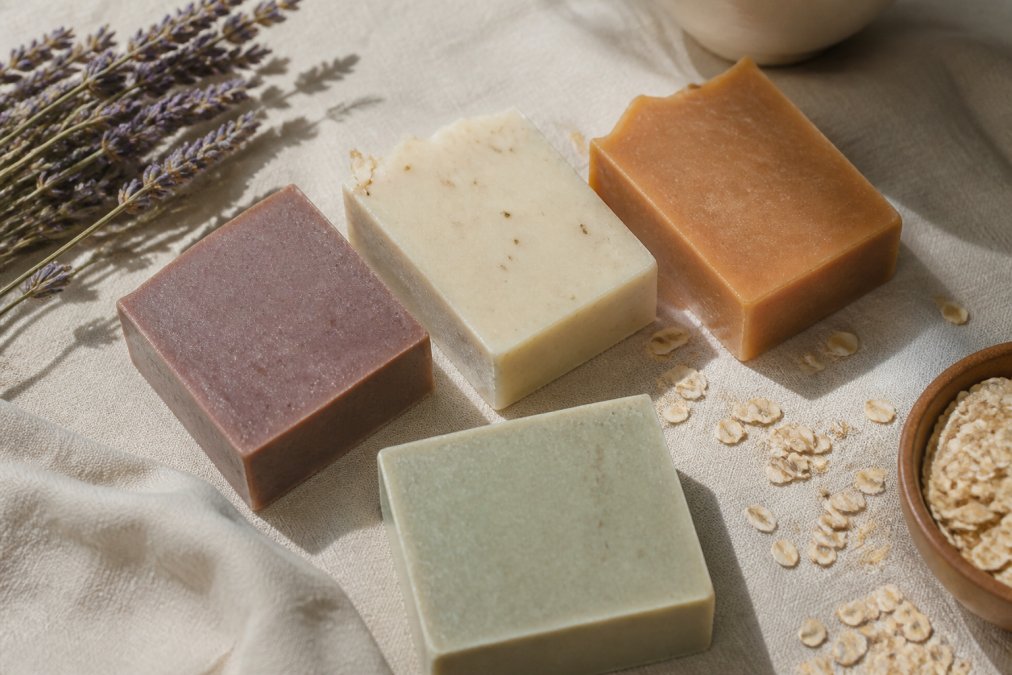 A flat lay of several natural soap bars in earthy tones on a linen cloth, with dried lavender sprigs and rolled oats scattered nearby, soft window light casting gentle shadows