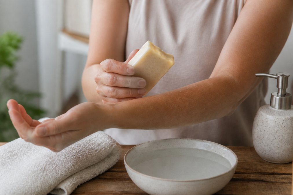 Person examining the texture of a handmade natural soap bar near their forearm on a bathroom counter